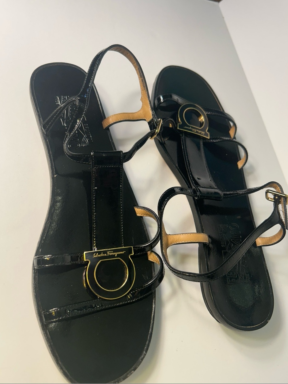 Salvatore Ferragamo Black Patent Leather Logo Strap Sandals